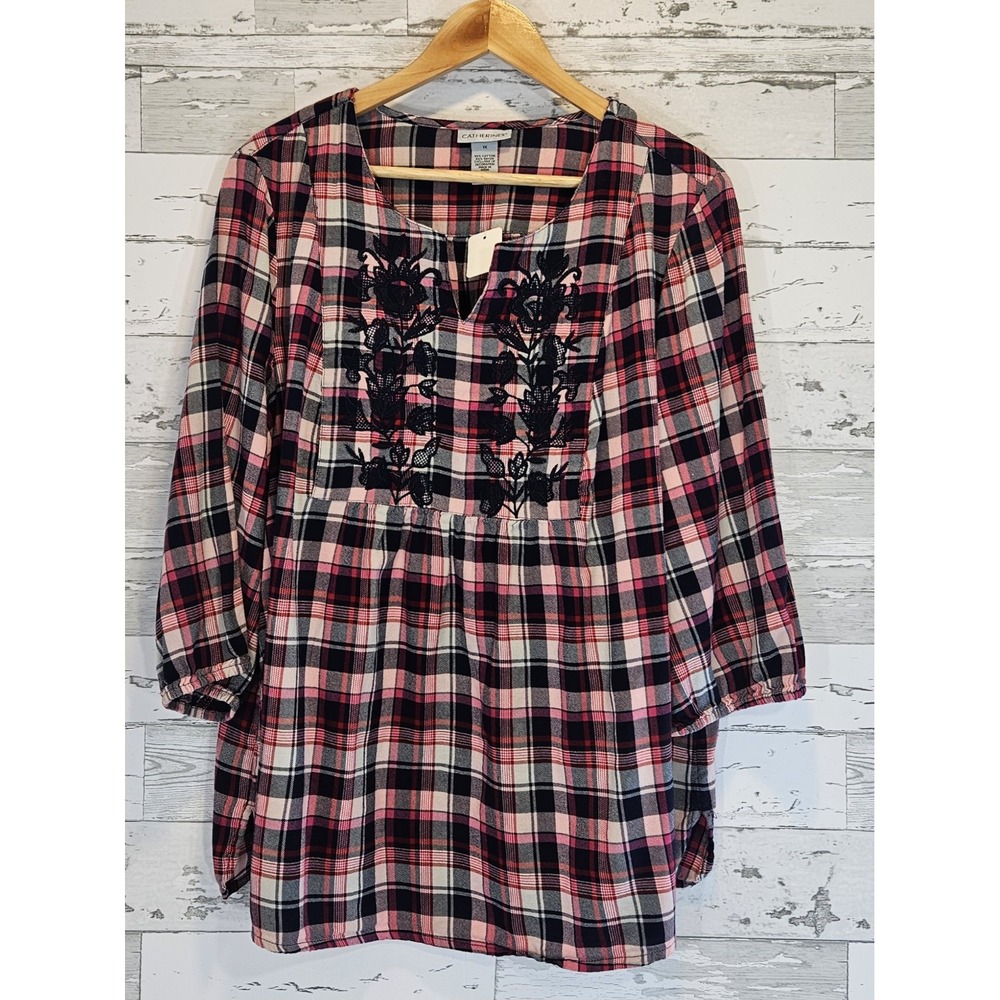 Catherines Women 1X Plaid Tunic Top Pink Navy Embroidered Split Neck 3/4 Sleeve